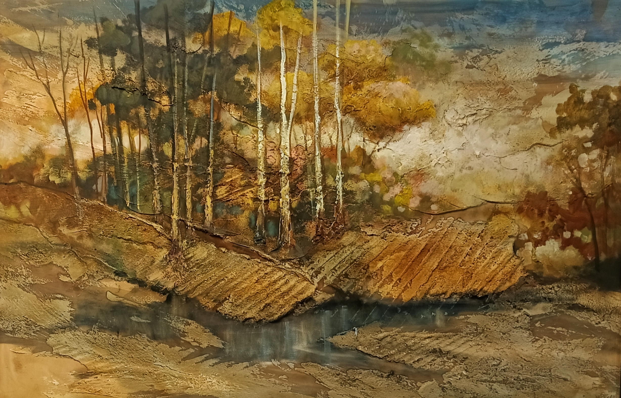 Art code 3356 1510x1060mm mixed media on board framed When the Bush Calls