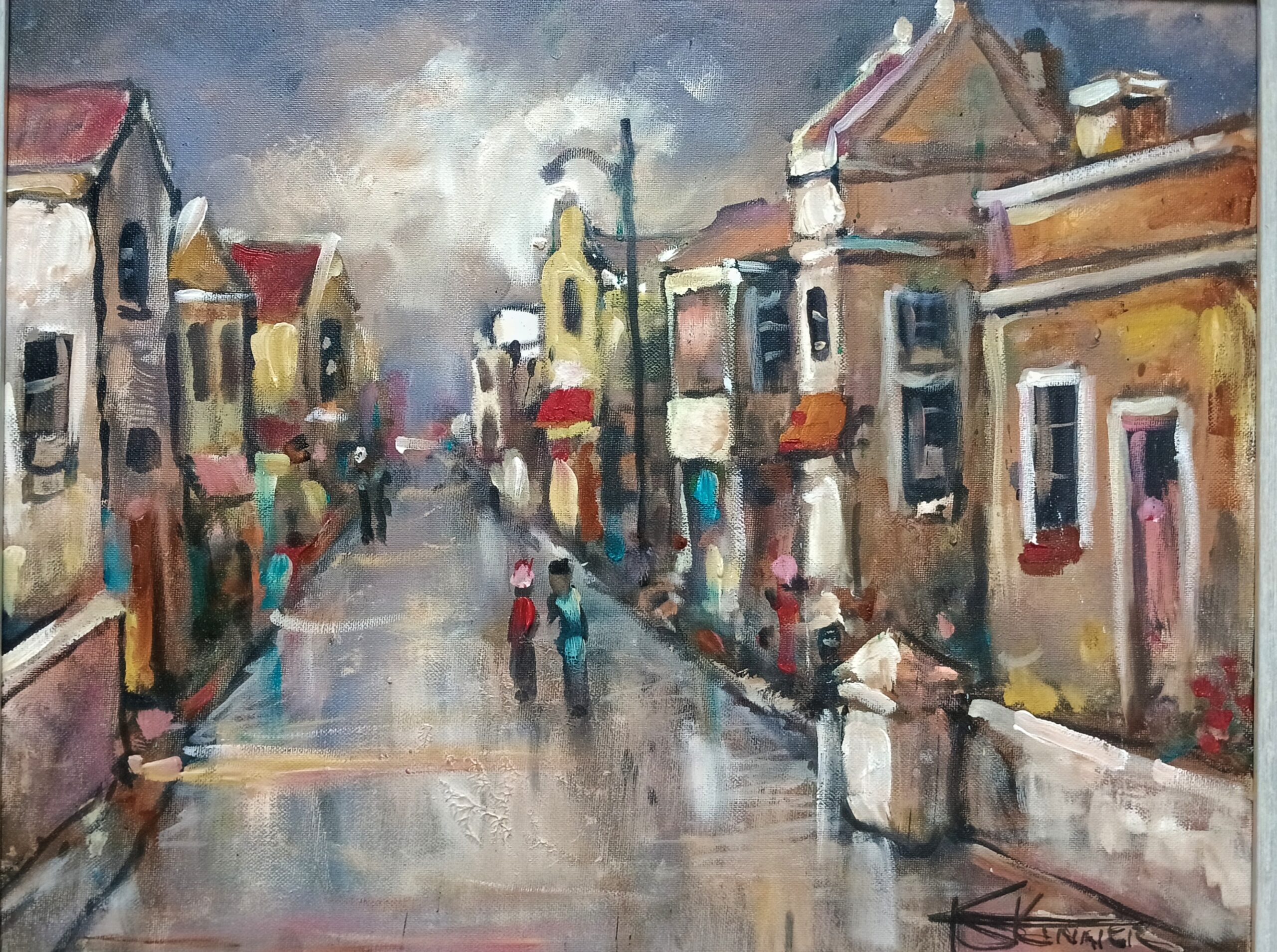 Art code 3395 710x600mm oil on canvas framed Streetscene with Table Mountain