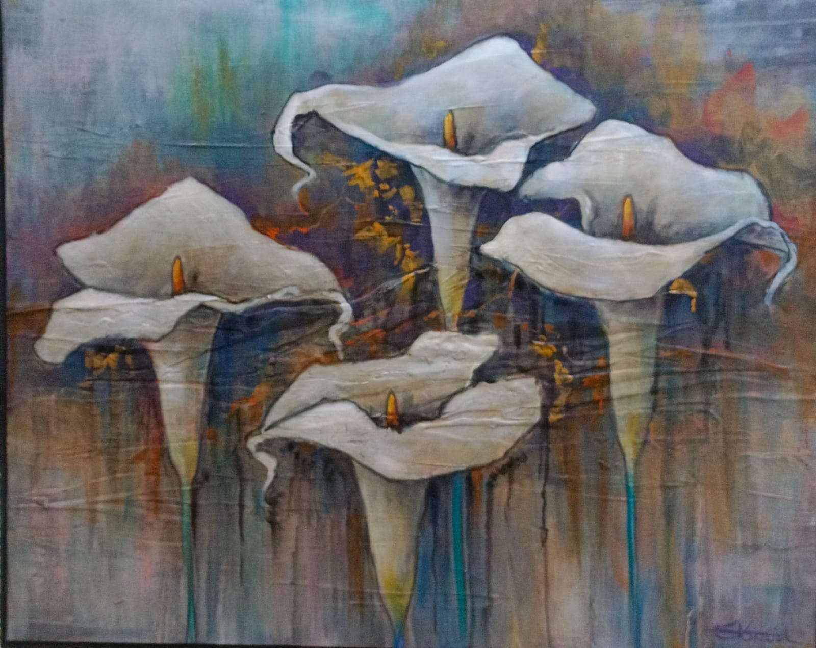 Art code 3673 textured oil on board, 1130x1360mm Arum Lilies